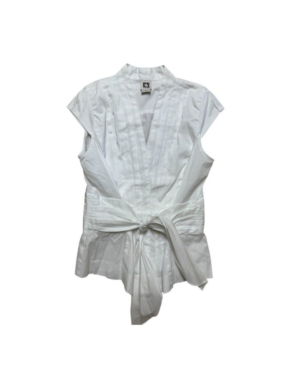Anne Klein White Tie Front Cap Sleeve Blouse Cotton Stretch Size 6